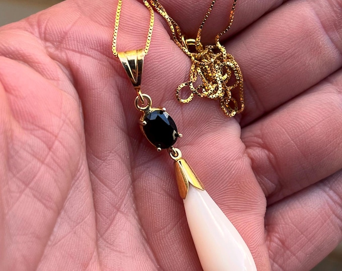 White Coral Drop Pendant Gold Necklace • Black Onyx Gemstone • 18k Gold Plated 925 Silver • Elegant Italian Handmade Jewelry • Gift for Her