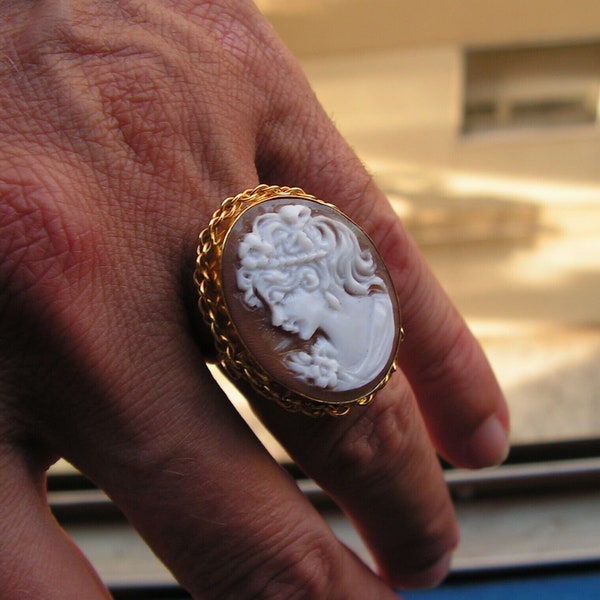 Ring  Very Large Silver Gold Cameo 7 adjustable ESTATE HEART ITALY Woman