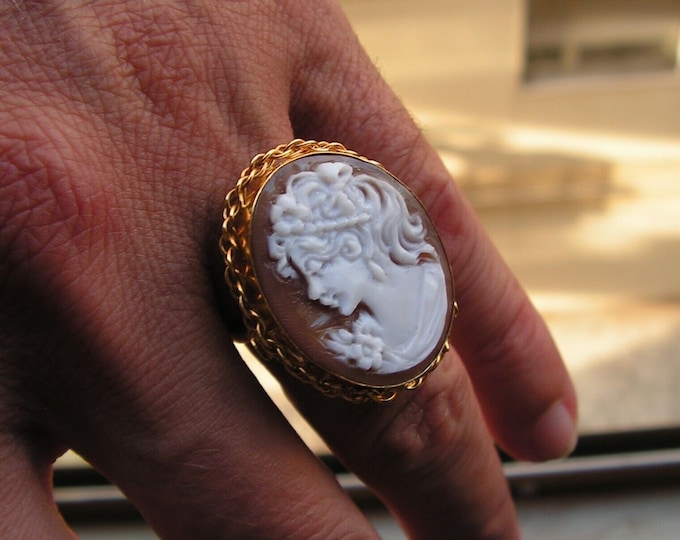 Vintage Style Shell Cameo Lady Ring, Victorian Ring, Statement Ring, Antique Jewelry, Handcrafted Ring