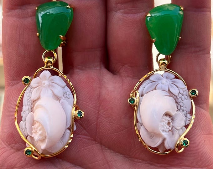 Italian cameo drop earrings, rose bud carving, chrysoprase top, clip backs