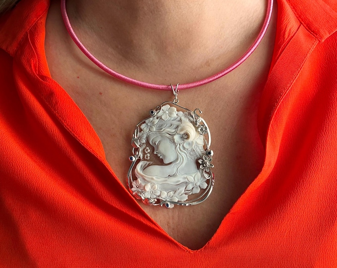 Carved shell cameo museum quality hand-engraved genuine Handmade woman profile nymph among the flowers