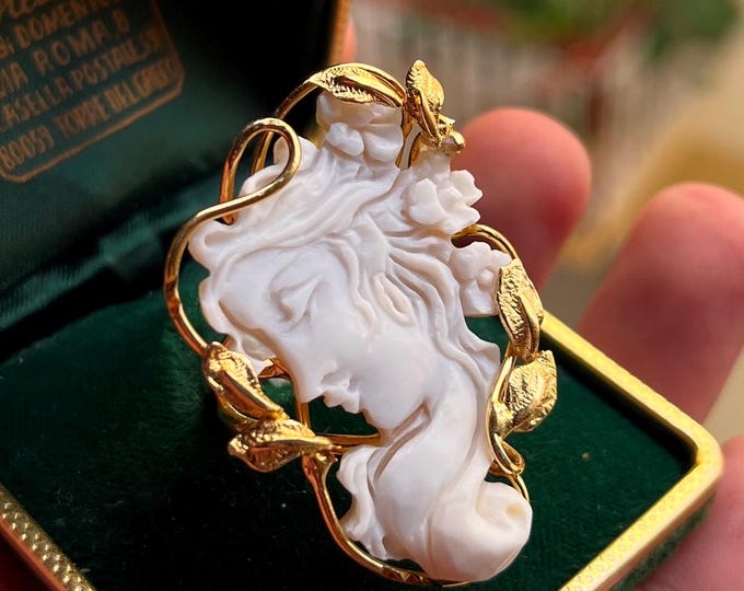 Vintage Style Cameo Ring: Hand Carved Shell, Silver Gilt, Adjustable Size 7.5