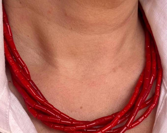 Torchon Coral Bead Necklace: Sardinia Red Coral, Sterling Silver Clasp