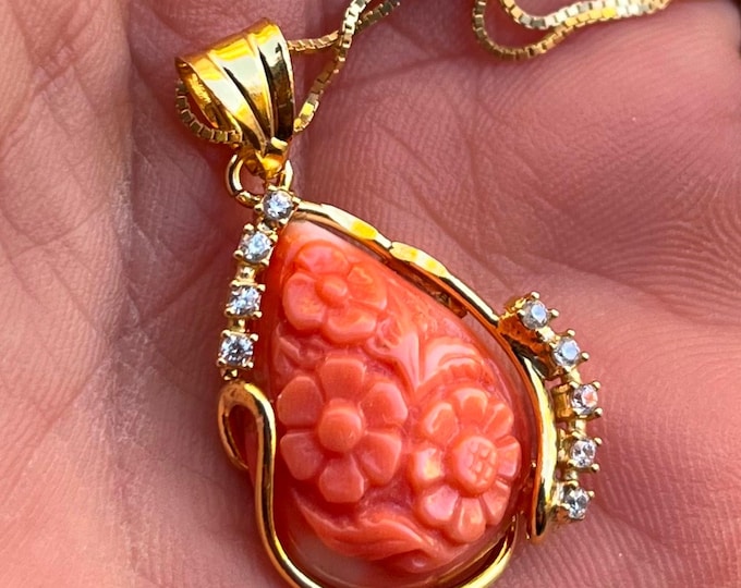 Natural coral flower pendant, genuine hand carved teardrop, 18k gold plated 925 silver, crystal accents