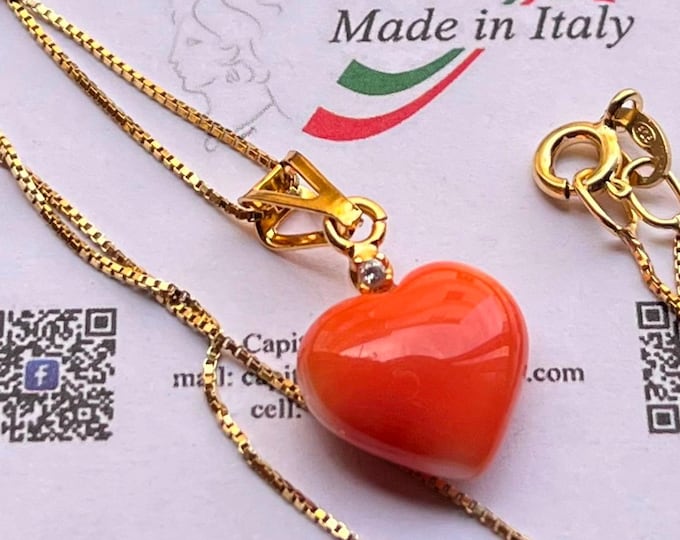 Handmade Italian Coral Heart Pendant: 18k Gold-Plated Silver Necklace