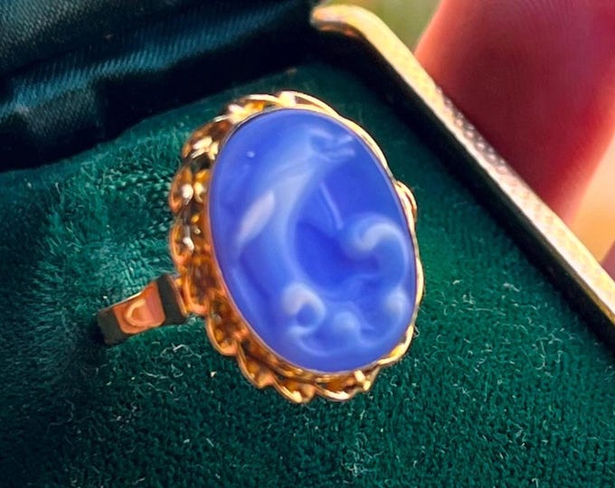 Rare Dolphin Cameo Ring, Natural Blue Agate, Unique Sea Jewelry, Gift for a Sea Lover