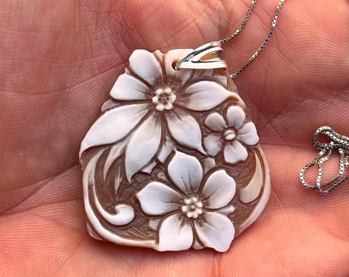Hand Carved Shell Cameo Brooch Pendant: Floral  Silver 925