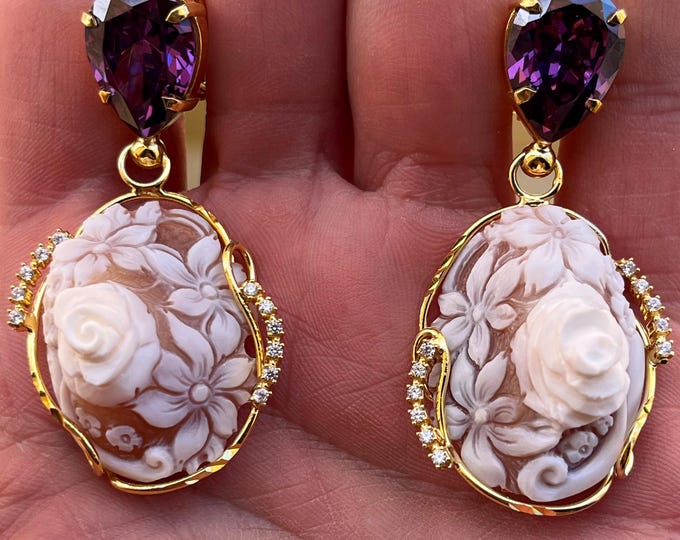 Handmade cameo earrings, hand-carved natural shell, made in Italy, gold, statement drop