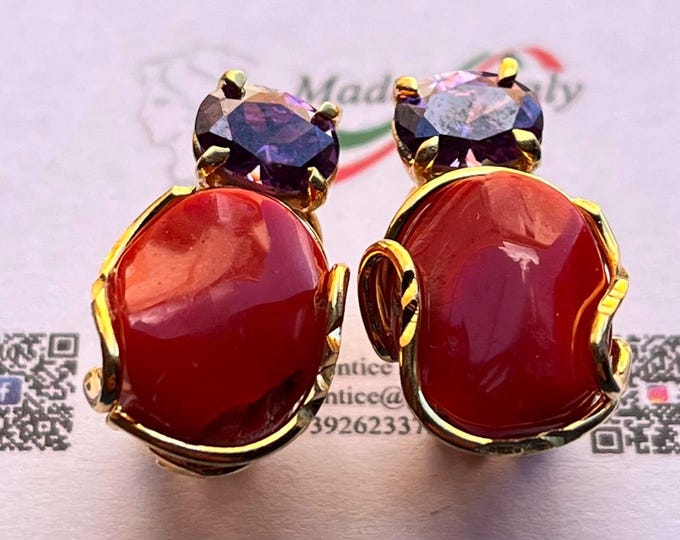 Coral Earrings, 925 Gold Dipped Silver, Natural Red Aka Coral, Made in Italy