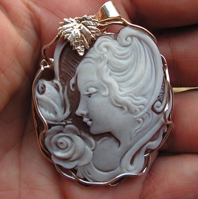 cammeo ciondolo vittoriano del 1880 in Argento 925 raffigurante donna fiori natura image 7