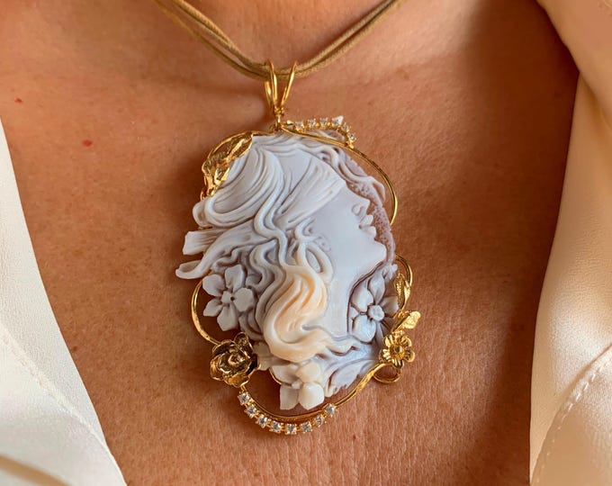 Handmade Shell Cameo Lucky Charm Pendant, Lady Luck Necklace, Good Luck Charm Jewelry, Unique Gift
