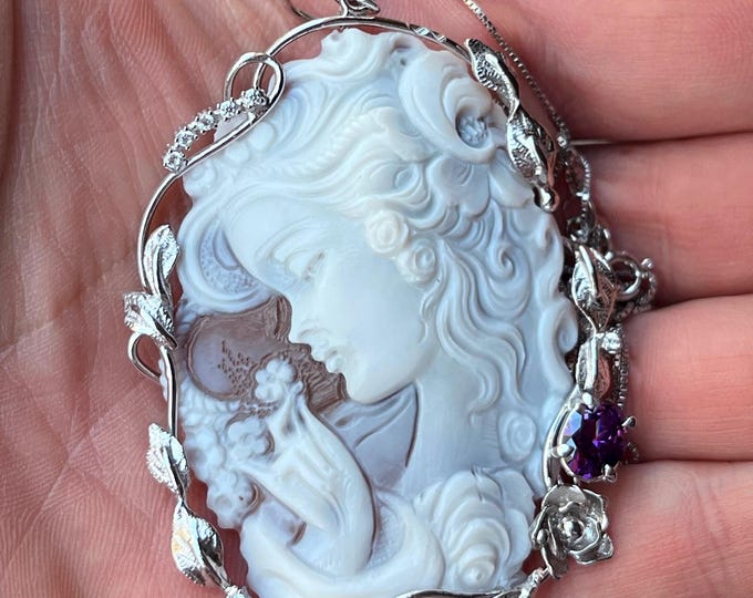 Carved shell cameo museum quality hand-engraved genuine Handmade woman profile nymph among the flowers