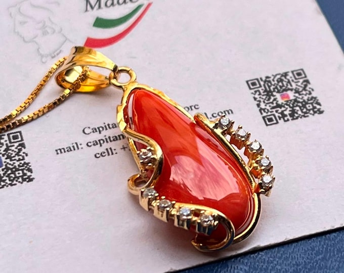 Natural coral drop pendant, genuine hand carved teardrop, 18k gold plated 925 silver, crystal accents
