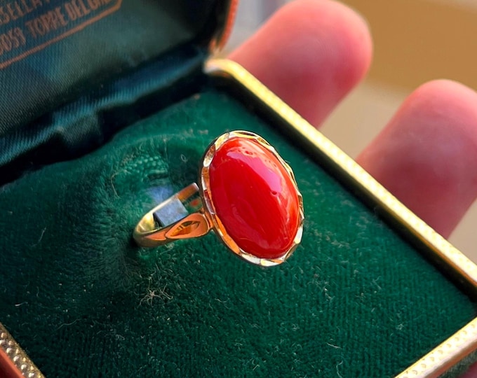 Handmade Italian Red Coral Ring, 18K Gold Plated Sterling Silver, Adjustable Band