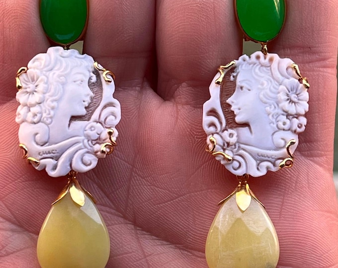 Handmade Summer Earrings, Shell Cameo Earrings, Agate Jewelry, Yellow Onyx, Beach Earrings, Coastal Accessories