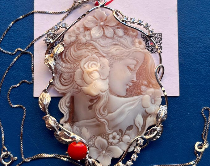 Hand Carved Sardonyx Shell Cameo Necklace, Sterling Silver Floral Jewelry