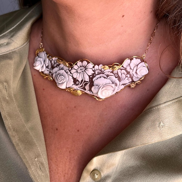 Hand-Carved Floral Cameo Choker, 18K Gold Plated Sterling Silver Sweetheart Chain Necklace