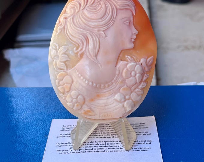Hand carved shell cameo, made in Italy, artisan portrait carving, collector piece