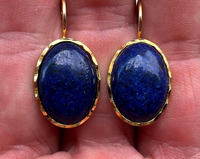 Lapis Lazuli drop earrings, hammered bezel, 18k gold plated over 925 silver, artisan made in Italy