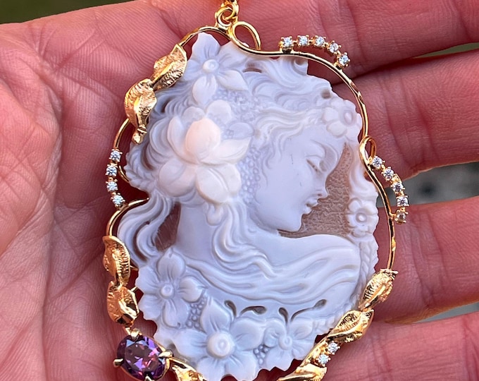 Ciondolo cammeo originale con donna elegante ametista viola regalo per lei ti penso