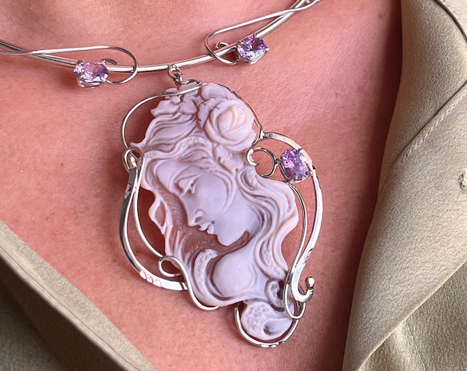 Italian Cameo Choker Necklace - Sterling Silver 925 Amethyst Gemstone Pendant - Elegant Cocktail Evening Unique Jewelry Gift
