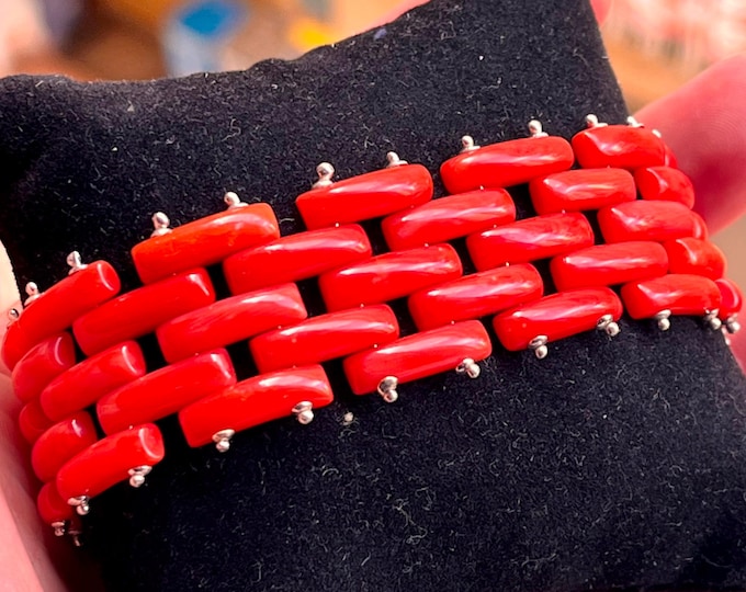 Elegant Jewel Coral Bracelet, Handmade Red Coral, Cartier Mesh Design, Exclusive Style Jewelry, Fashion Accessory