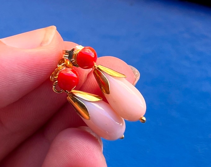 18K Gold Dangle Earrings with Red and Pink Coral,Elegant Drop Earrings, Handmade Fine Jewelry