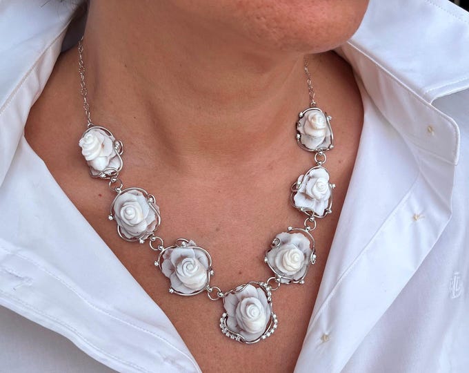 Statement floral shell cameo necklace, exclusive Italian artisan piece