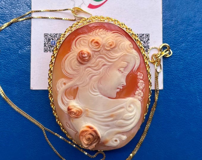 Handcrafted carved cameo pendant brooch, shell relief, Made in Italy, elegant jewelry