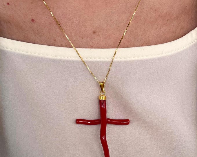 Red coral branch cross necklace, handmade, Italian crafted pendant, faith jewelry