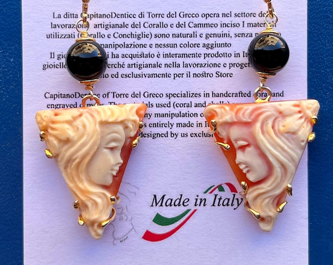 Orecchini Cammeo Intagliato a Mano, Conchiglia, Triangolo, Gioielli Fatti a Mano, Eleganti