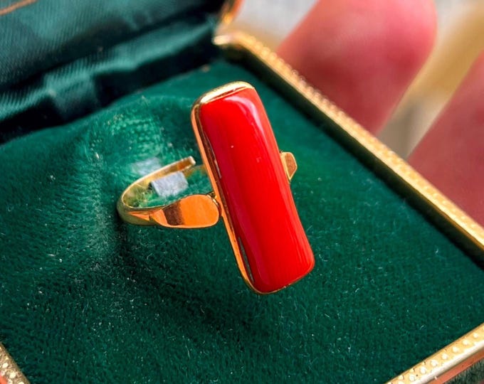Rectangle red coral ring, authentic Italian gem, modern gold setting, certificate