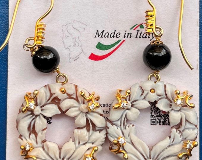 Hand‑Carved Shell Cameo Flower Earrings 20mm, Black Onyx & Crystals, 925 Rhodium Silver, Closed Hook, Italian Dangle Earrings