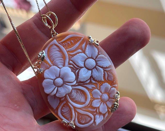 Hand Carved Shell Cameo Locket Necklace, Sterling Silver Floral Pendant