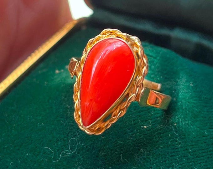 Rectangle red coral ring, authentic Italian gem, modern gold setting, certificate