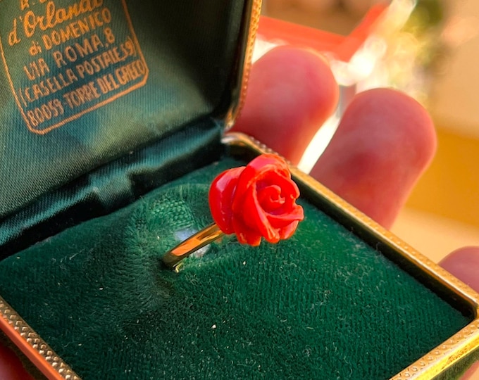 Hand-Carved Red Coral Flower Ring, 18K Gold Vermeil, Italian Artisan Jewelry