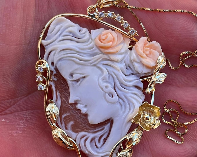 Italian shell cameo necklace, woman profile among roses, 18k gold plated silver