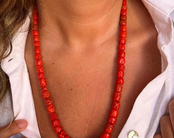 Genuine Coral Bead Necklace: Vintage Italian Jewelry, 60cm