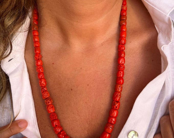 Genuine Coral Bead Necklace: Vintage Italian Jewelry, 60cm