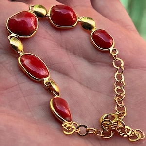 Antique Style Mediterranean Red Coral Italy Silver Gold Bracelet 20 Cm Long
