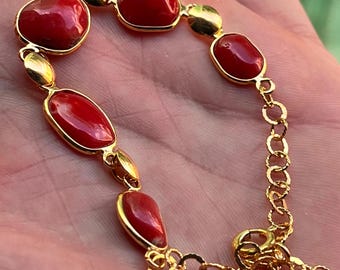 Antique Style Mediterranean Red Coral Italy Silver Gold Bracelet 20 Cm Long