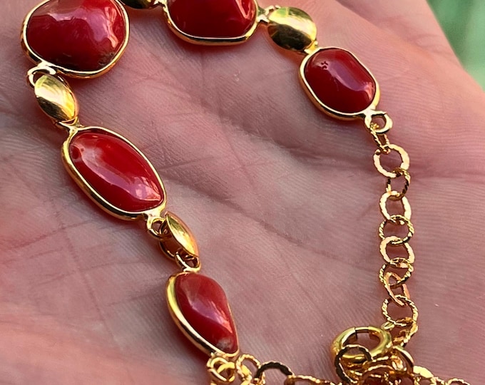 Antique Style Mediterranean Red Coral Italy Silver Gold Bracelet 20 Cm Long