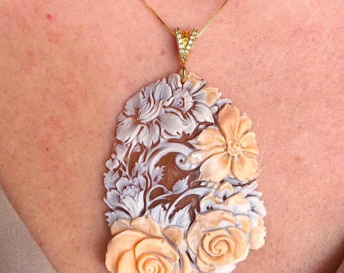 Hand carved shell cameo pendant, rose and floral design, Italy artisan