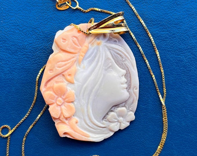 Hand-Carved Shell Cameo Necklace - "Free Woman with Butterfly and Flowers" - Made in Italy