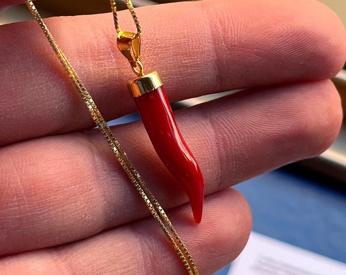Corno Amuleto Corallo, Cornetto Portafortuna, Gioiello Fortuna, Collana Corallo, Regalo Unico, Girocollo Corallo