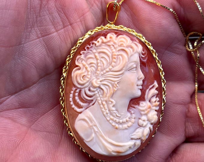 Hand Carved Shell Cameo Pendant: Antique Style 925 Silver