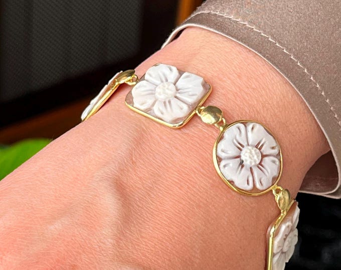 antique style victorian shell cameo bracelet made in italy carved flowers coral gems