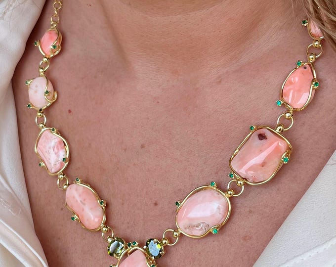Handmade Italian pink coral necklace, modern choker, 18k gold tone, emerald green details