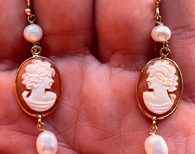 Hand-Engraved Shell Cameo Drop Earrings: Pearl, Sterling Silver, Made in Italy