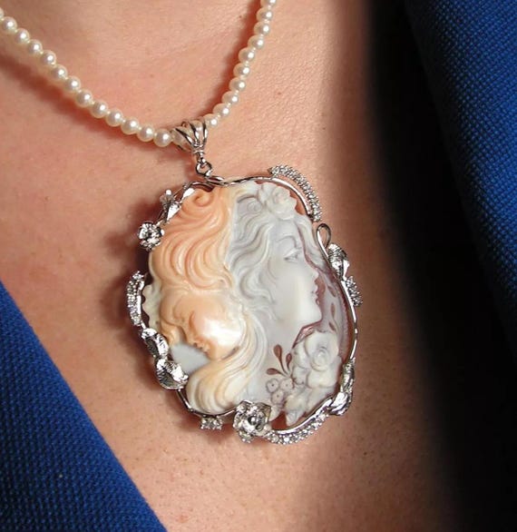 Broche Pendentif Camée Vintage Coquillage En Argent Sterling 925 - Italie - Longueur 4.5 Cm